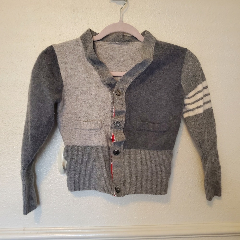 Thom Browne Kids 100%Cashmere Colorblock Cardigan Grey 4-Bar Stripe MKC076A Sz 3
